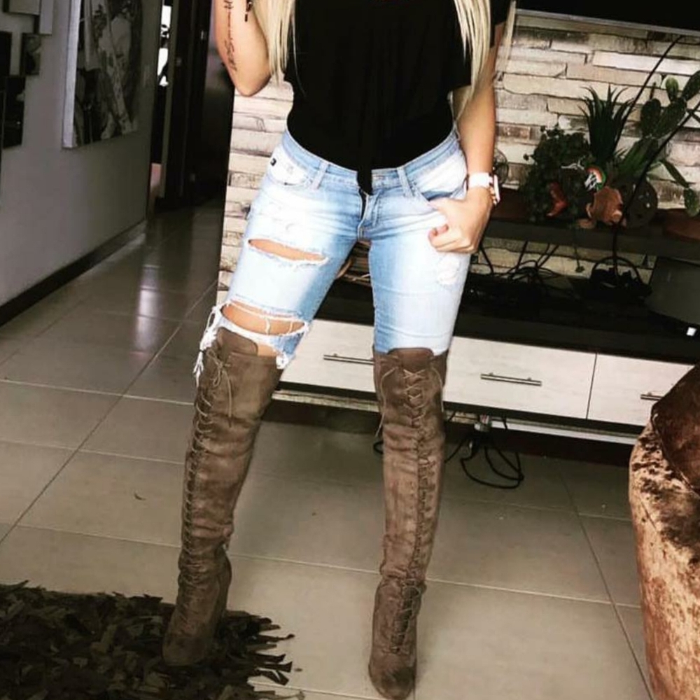 6.5 & 7 Taupe Faux Suede Chunky Lace Up Thigh High Boots - Picture 5 of 6
